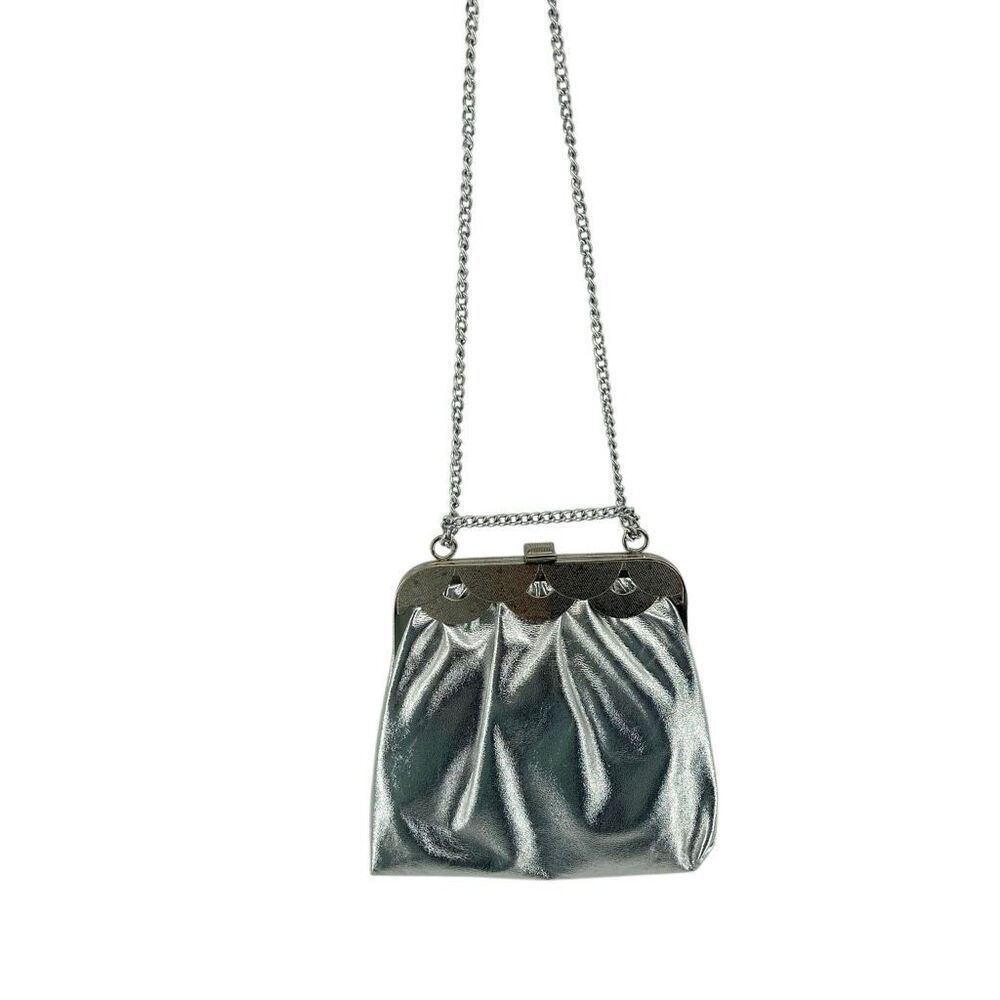 Vintage Metallic Silver Scalloped Frame Evening Bag Chain Shoulder Strap - Picture 2 of 16